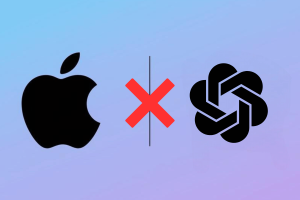 Apple reportedly backs out of OpenAI funding round amid investor uncertainty. Black Apple and OpenAI logos in front of purple background with red X in the middle