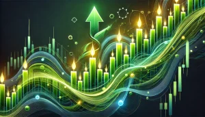 Abstract digital art showing a wave of green candles and upward arrows