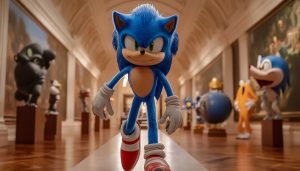 An AI-generated image of Sonic the Hedgehog walking through a museum