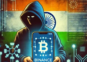 Indian authorities and Binance crack down on $47M gaming app scam. Hooded figure holds phone with Binance app and Indian flag in the background