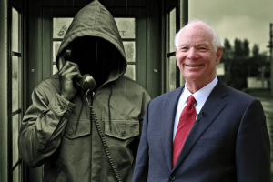 Top U.S. Senator targeted by 'deepfake' caller posing as Ukrainian official. Hooded figure makes phone call behind US Senator Ben Cardin who wears dark suit and red tie while smiling at the camera