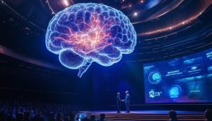 A giant, luminescent brain made of complex neural networks hovers above a handshake between a government official and a tech executive. The handshake takes place on a stage in front of a large audience, with the logos of Meta, OpenAI, Nvidia, and other tech companies displayed on a screen behind them. The stage is set in a grand auditorium, with futuristic architecture and an atmosphere of innovation and collaboration