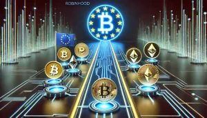 A digital highway connecting a European flag to various cryptocurrency symbols, with the Robinhood logo acting as a bridge