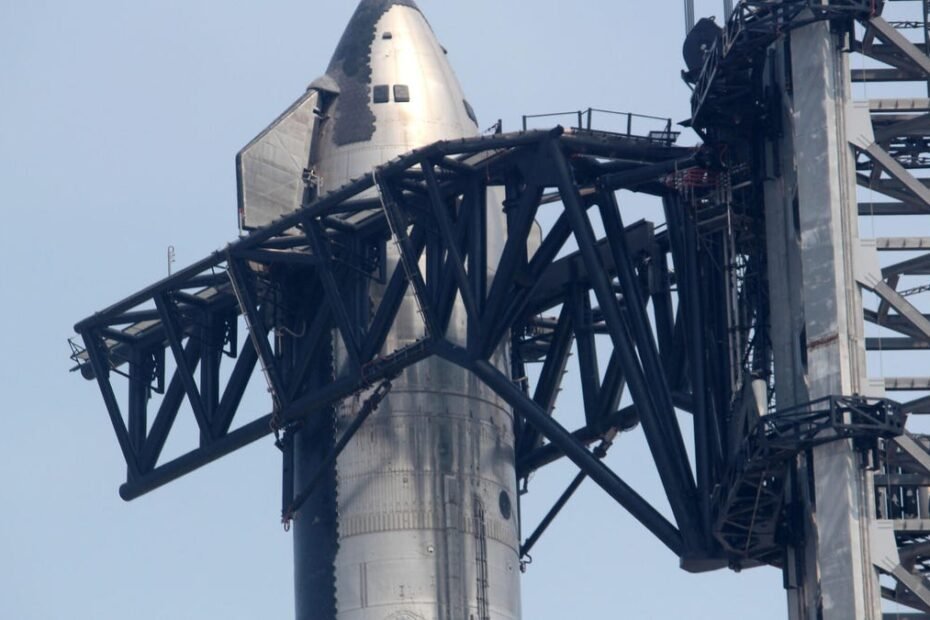 A SpaceX Starship is shown at its launchpad in Boca Chica, Texas.